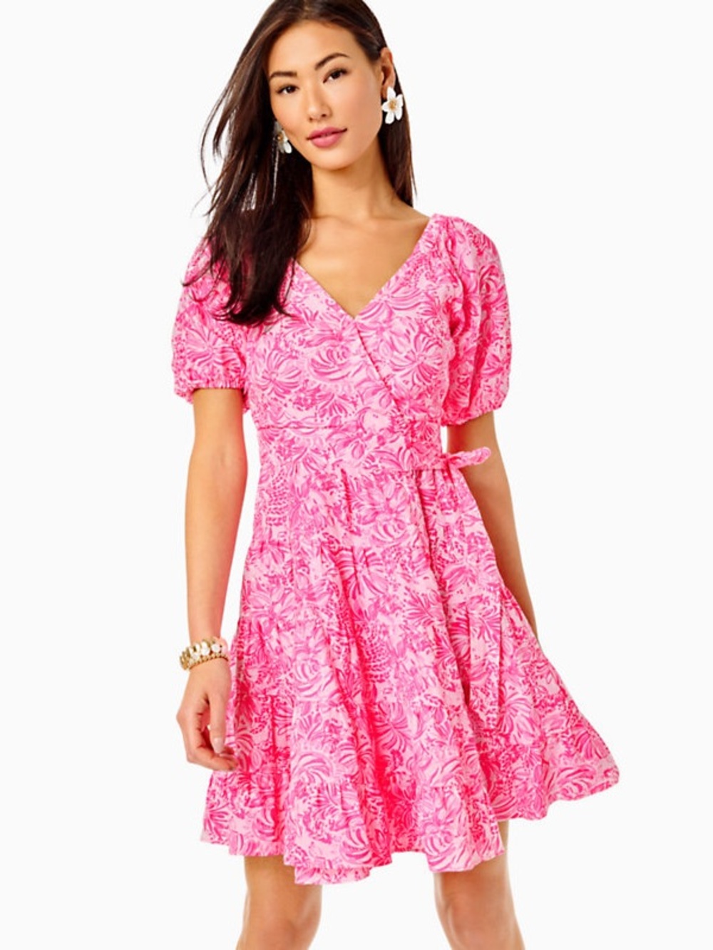 Lilly Pulitzer Linen Iralee Wrap Dress Bright Pink Floral Resortwear, Size 14